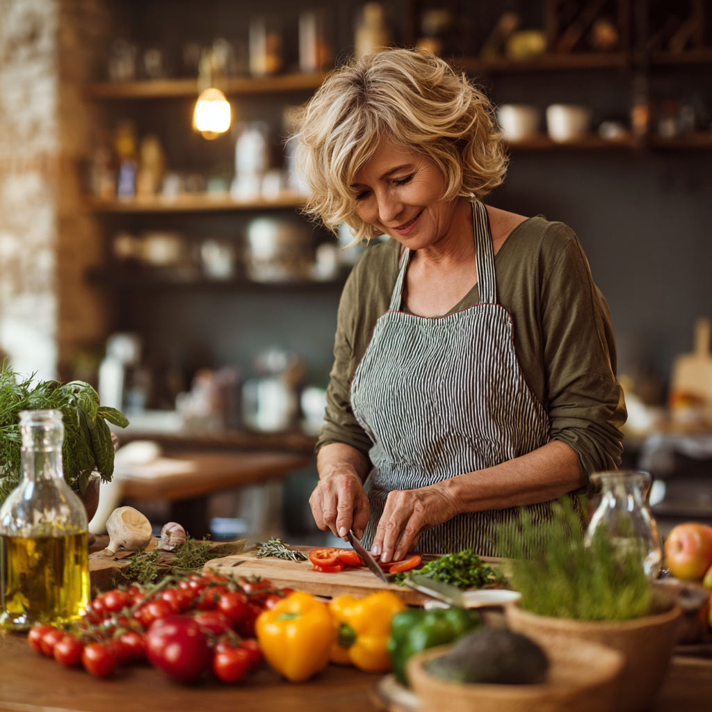 Middle aged woman preparing healthy Mediterranean meal with fresh vegetables and herbs in modern kitchen
